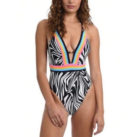 “SUNSHINE 79” Psychedelic Zebra Plunge Bathing Suit - Picture 1 of 16